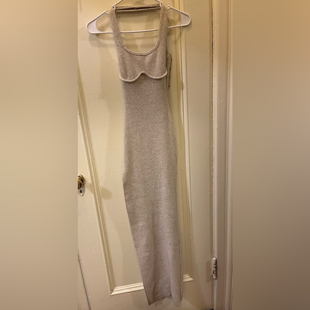 Halter Backless Slit Dress Oatmeal - MyOutfitOnline